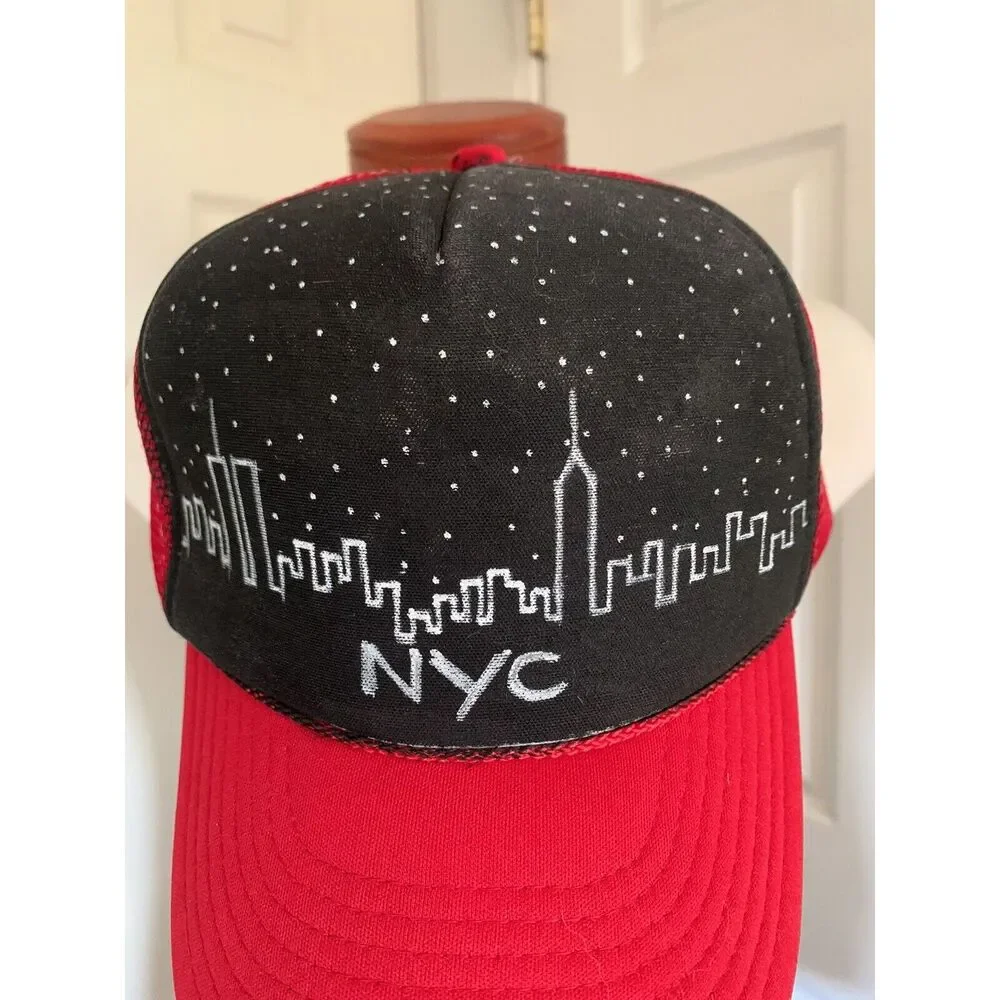 Vintage Hand Painted Nissan Trucker Cap Red/Black NYC Skyline - Picture 5 of 7